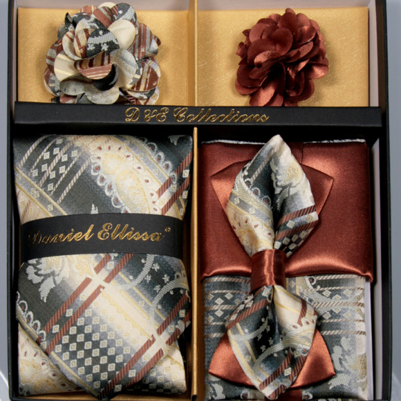 6 Piece Brown Cream Black Necktie & Bow Tie Set